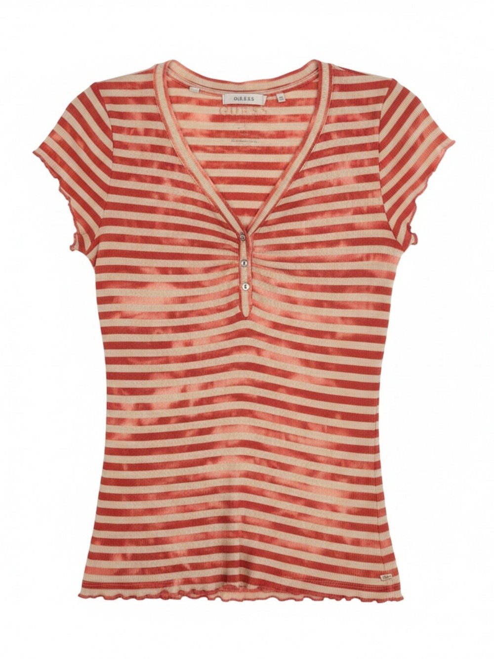 Guess Sz L Orange & Cream Short Sleeve Henley Tee V-neck | GUC